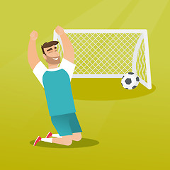 Image showing Young caucasian soccer player celebrating a goal.