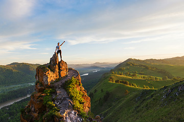 Image showing Woman on top mountain in Altai