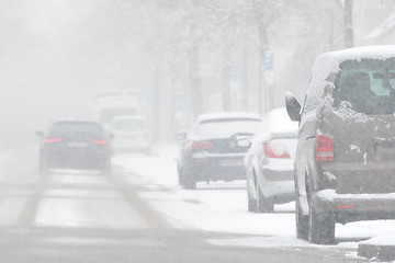 Image showing Driving car in heavy snowfall