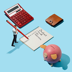 Image showing Flat isometric view of businessmen with big pen planning his budget