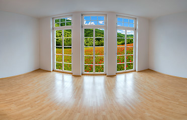 Image showing View from an empty apartment to a romantic landscape