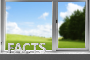 Image showing Facts decor sign in a window with a green meadow