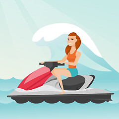 Image showing Caucasian woman riding on water scooter in the sea