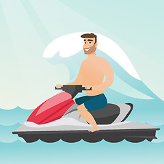 Image showing Caucasian man riding on a water scooter in the sea