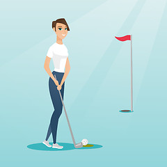 Image showing Young caucasian golfer hitting a ball.