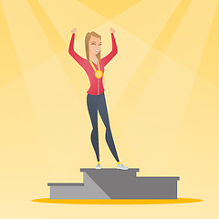 Image showing Caucasian sportswoman celebrating on winner podium