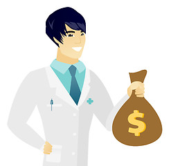 Image showing Young asian doctor holding a money bag.