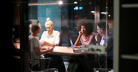 Image showing Multiethnic startup business team in night office