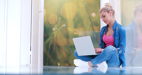 Image showing young women using laptop computer on the floor