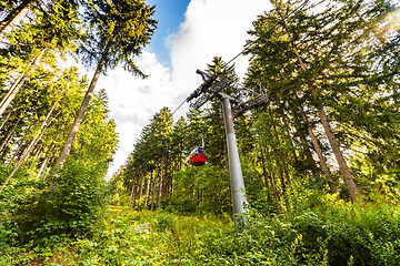 Image showing Mountain lift going up in a green forest