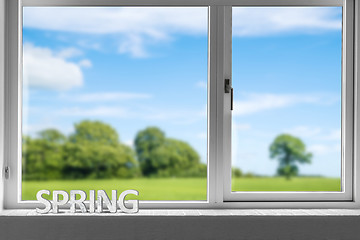 Image showing Decor spring in a window sill with a view to a green garden 