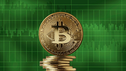 Image showing Stack of gold coins bitcoin on a green background