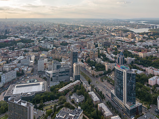 Image showing Panoramic aerial view from the drone of the the central part of the city Kiev, Ukraine, with old and modern buildings of the city.