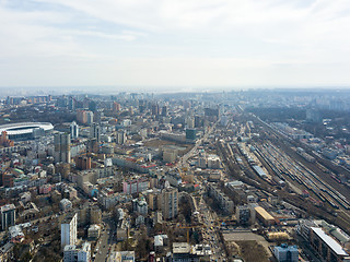 Image showing The city landscape with railroad tracks and the Olympic Sports Complex. Kiev, Ukraine