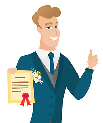 Image showing Young caucasian groom holding a certificate.