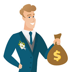 Image showing Young caucasian groom showing a money bag.