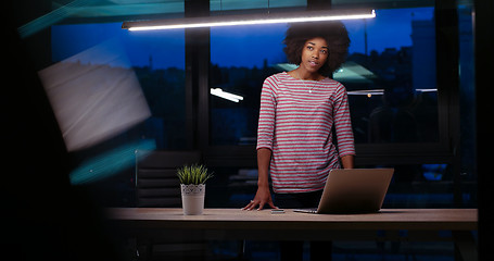 Image showing black businesswoman using a laptop in night startup office