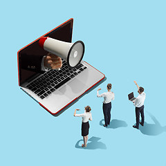 Image showing Flat isometric view of businessmen and woman and laptop with male hand with megaphone