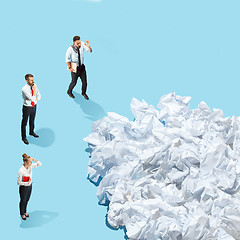 Image showing Creative work background with crumpled up paper, office objects and room for text