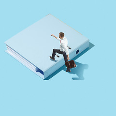 Image showing Flat isometric view of businessman going at folder with documents with empty copy space