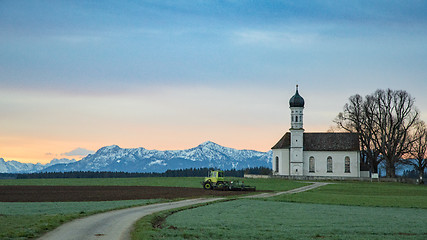 Image showing Morning farming in green Alpine field
