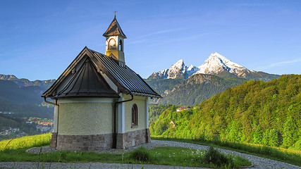 Image showing Mount Watzmann and traditional Kirchleitn chapel