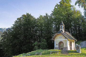 Image showing Sunlight morning view of tourist attraction small chapel