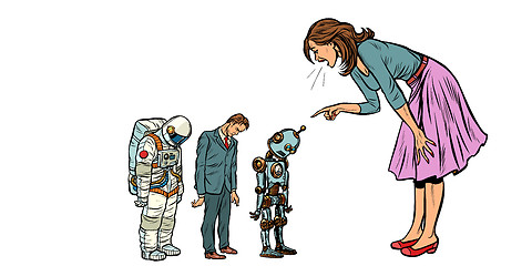 Image showing The woman scolds businessman, spaceman and robot