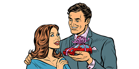Image showing man and woman, car gift. isolate on white background