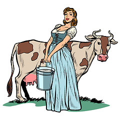 Image showing a woman milker cow bucket milk. agriculture village life