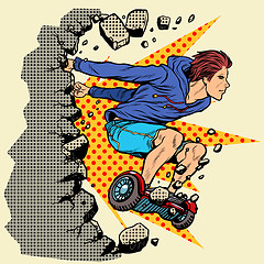 Image showing extreme teenager on hoverboard breaks the wall