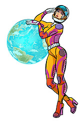 Image showing earth day. sexy beautiful woman astronaut isolate on white background