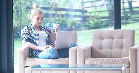 Image showing woman drinking coffee enjoying relaxing lifestyle