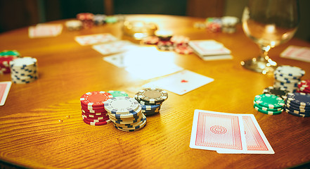 Image showing Chips for gamblings, drink and playing cards