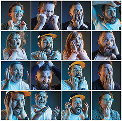 Image showing Collage about emotions of football fans watching soccer on tv