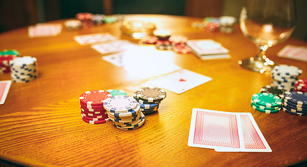 Image showing Chips for gamblings, drink and playing cards