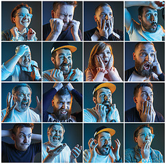 Image showing Collage about emotions of football fans watching soccer on tv