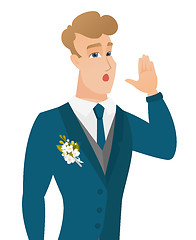 Image showing Young caucasian groom calling for help.