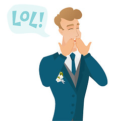 Image showing Young caucasian groom laughing out loud.