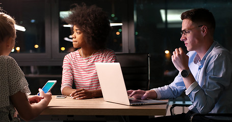 Image showing Multiethnic startup business team in night office