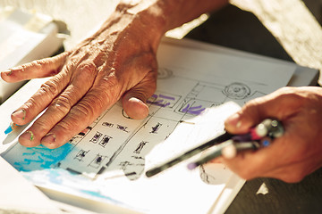 Image showing Close up man working of Architect sketching a construction project on his plane project at site construction work