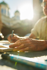 Image showing Close up man working of Architect sketching a construction project on his plane project at site construction work