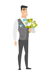 Image showing Young caucasian groom with a bridal bouquet.