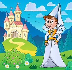 Image showing Medieval lady near stylized castle