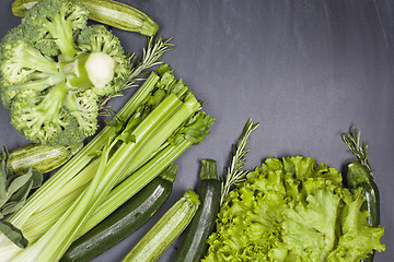 Image showing Variety of green vegetables and herbs. Clean eating food concept