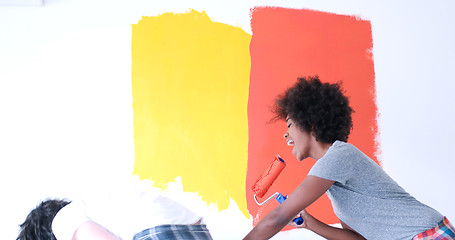 Image showing multiethnic couple painting interior wall