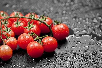 Image showing Fresh organic cherry tomatoes bunch closeup on black wet backgro