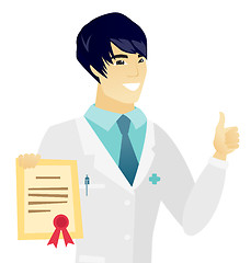 Image showing Young asian doctor holding a certificate.