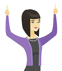 Image showing Asian business woman standing with raised arms up.