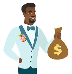 Image showing Young african-american groom showing a money bag.